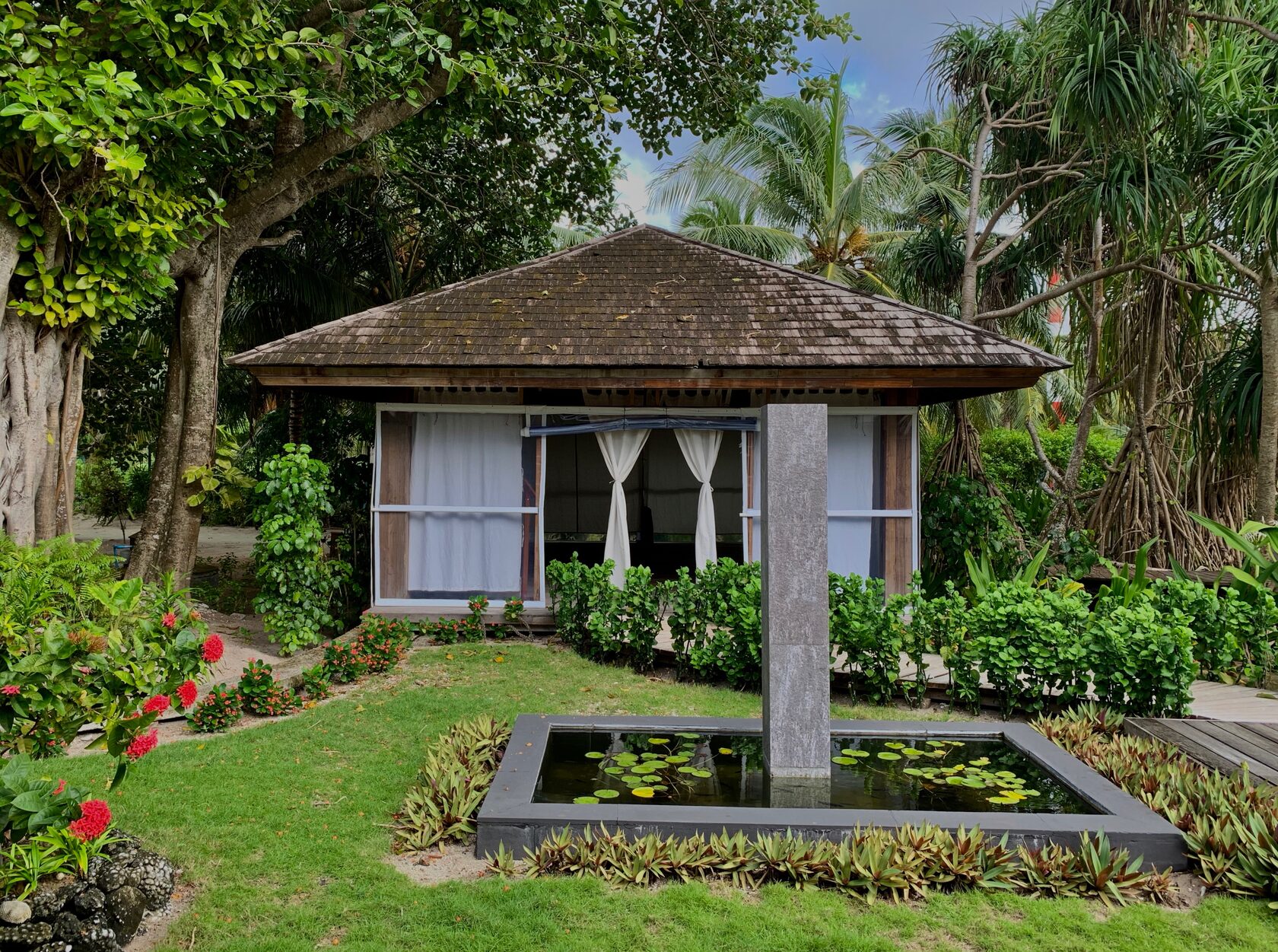 Открытая площадка для йоги с видом на пальмы и океан